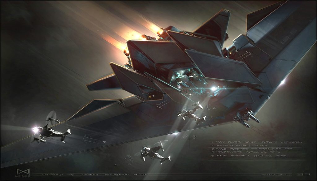 Godzilla King Of The Monsters Concept Art 06 - USS Argo - Monarch Supersonic Stealth Wing Sky Fortress