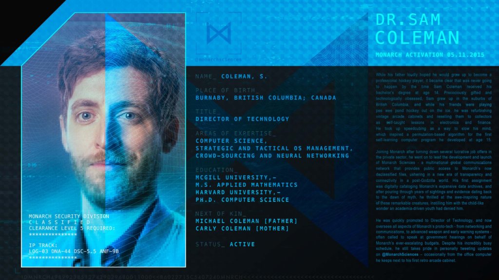 Godzilla King Of The Monsters Monarch Personnel Profile - Dr Sam Coleman